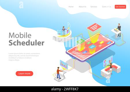 Flat isometric vector landing page template of mobile scheduler, business planning, schedule, meeting appointment, agenda Stock Vector