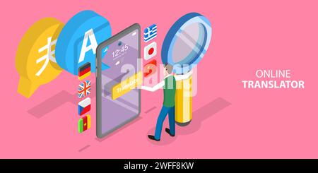 3D Isometric Flat Vector Conceptual Illustration of Online Multi Language Translation Mobile App, Foreign Language Online Learning. Stock Vector