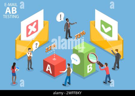 3D Isometric Flat Vector Conceptual Illustration of E-mail AB testing, Split Test, A-B Comparison, Digital Marketing Campaign. Stock Vector