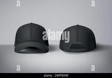 Black baseball caps mock up in gray background, front and back or different sides. For branding. Stock Vector