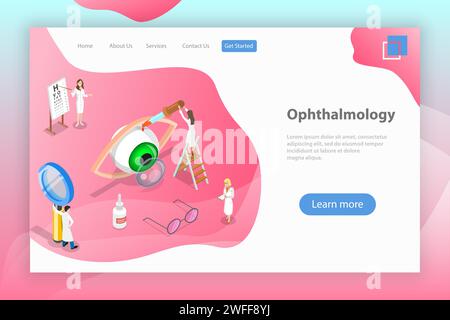 Isometric flat vector landing page template of ophthalmology, eyesight check up, eyes health care, ophthalmological examination. Stock Vector