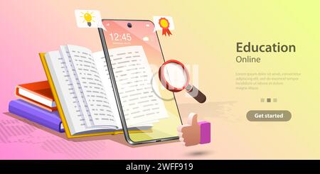Online Education Concept, Landing Page Template for Website, Distance Courses and E-learning, Digital Cloud Library. Stock Vector