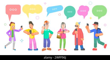 Isometric flat vector concept of chatting people, social network discussion, speech bubble communication. Stock Vector