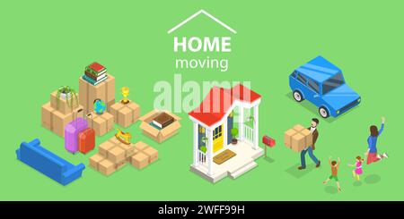 3D Isometric Flat Vector Conceptual Illustration of House Moving and Relocation Service. Stock Vector