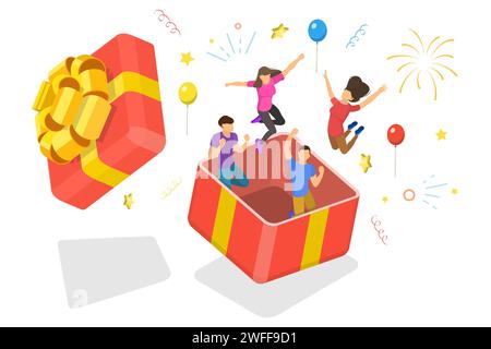 3D Isometric Flat Vector Conceptual Illustration of Surprise for Friend on Birthday. People are Jumping Out of the Gift Box. Stock Vector