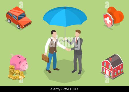 Isometric flat vector concept of healthcare, home, vehicle and financial insurance policy. Stock Vector