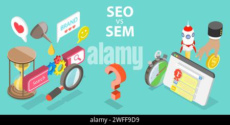 SEO vs SEM, Difference between Search Engine Optimization and Search Engine Marketing, Digital Marketing Terms and Definitions. Stock Vector