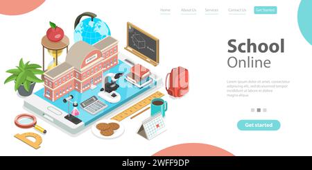 3d Online School Concept, Landing Page Template for Website, Distance Courses and E-learning, Back to Digital School. Stock Vector