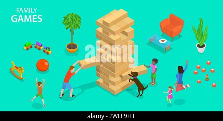 Flat Isometric Vector Concept of Family Games, Parents and Children Joint Entertainment. Stock Vector
