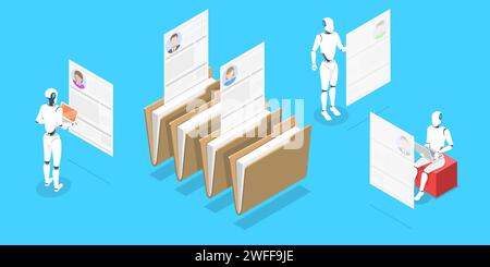 Isometric Vector Conceptual Illustration. Robots are searching the Best Candidate For Some Position Through CV Database. AI in HR, Robot Headhunter. Stock Vector