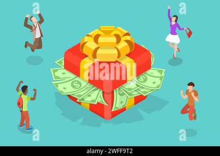 3D Isometric Flat Vector Conceptual Illustration of Happy Winners with Gift Box, Earnings on the Internet, Online Income and Gambling. Stock Vector