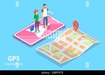 Isometric flat vector concept of mobile pgs navigation, city map, online geolocation. Stock Vector