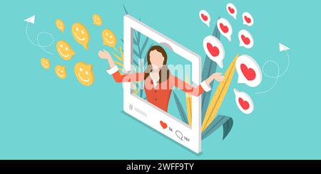 Isometric Vector Conceptual Illustration. A Video Blogger is Showing Some Performance and Collecting Smiles and Likes From Her Followers. Social Media Stock Vector