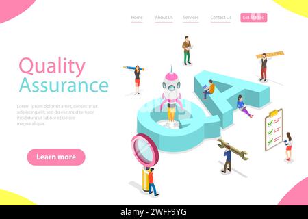 Isometric flat vector landing page template of QA, quality assurance, software app testing, coding and programming, question and answer, SQA team. Stock Vector