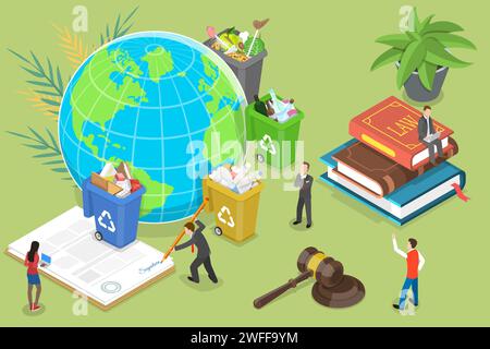 3D Isometric Flat Vector Conceptual Illustration of Recycling Laws, Ecological Regulations. Stock Vector