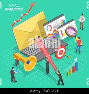 Isometric vector concept of email analytics, digital marketing analysis, product promoting, advertising campaign, digital promotion. Stock Vector