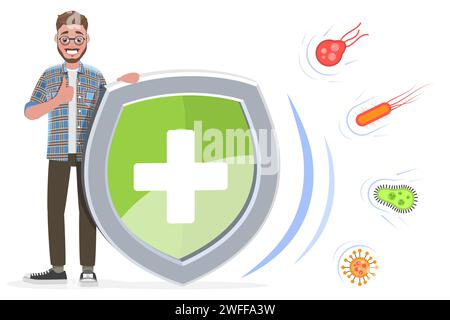 Boost the Immune System, Protection Against Virus Germs and Bacteria. Flat Vector Conceptual Illustration. Stock Vector