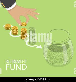 3D Isometric Flat Vector Concept of Retirement Fund, Saving Money Plan. Stock Vector