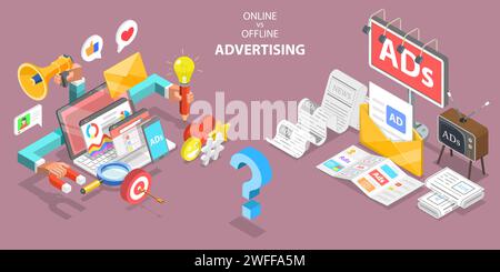 3D Isometric Flat Vector Conceptual Illustration of Online vs Offline Advertising, Social Media Campaig. Stock Vector