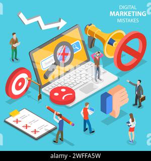 Isometric flat vector concept of digital marketing mistakes, wrong strategy, SEO errors. Stock Vector