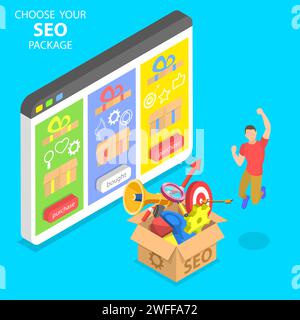 Flat isometric vector concept of SEO package choosing, search engine ranking, website optimization marketing. Stock Vector