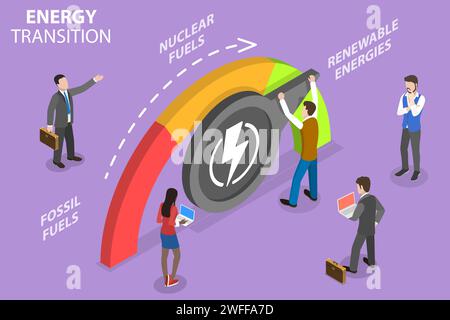 3D Isometric Flat Vector Conceptual Illustration of Energy Transition, Structural Change in an Eenergy System from Fossil Fuels to Renewable Energy. Stock Vector