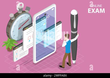 3D Isometric Flat Vector Concept of Online Exam, Questionnaire Form, Online Education, Survey or Internet Quiz. Stock Vector