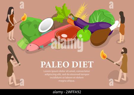3D Isometric Flat Vector Conceptual Illustration of Paleo Diet, Healthy and Balanced Eating. Stock Vector