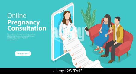 3D Isometric Flat Vector Conceptual Illustration of Online Pregnancy Consultation, Pregnant Woman Assistance. Stock Vector