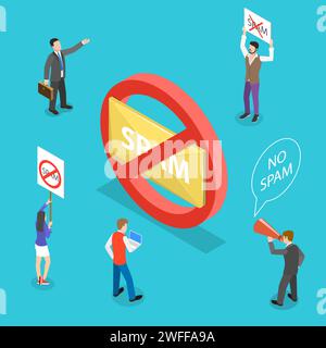 Isometric flat vector concept of no spam, warning sign. Stock Vector