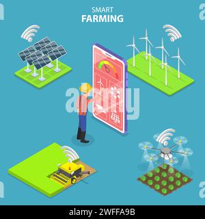 Isometric flat vector concept of smart farming, agricultural automation and robotics, farm data analysis and management. Stock Vector