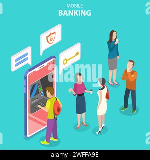 Isometric flat vector concept of mobile banking, protected money transaction, secure online shopping, bill payment. Stock Vector