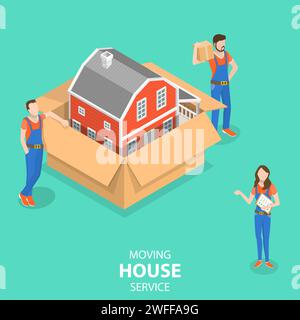 Isometric flat vector concept of house moving and relocation service, fast delivery. Stock Vector