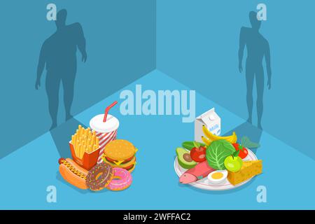 Fastfood vs Balanced Menu Comparison, What Foods are Better for Your Body. 3D Isometric Flat Vector Conceptual Illustration. Stock Vector