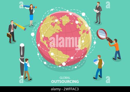 Isometric Flat Vector Concept of Global Outsourcing, Company Remote Management, Distributed Team, Freelance Project, Distant Job. Stock Vector