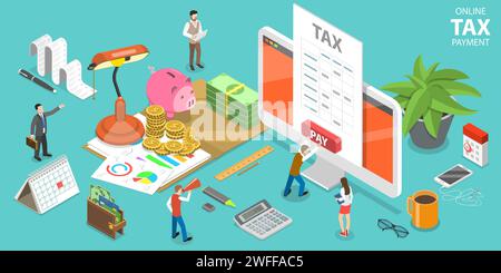 3D Isometric Flat Vector Concept of Online Tax Payment, Filling Tax Form, Submit Digital Taxes. Stock Vector