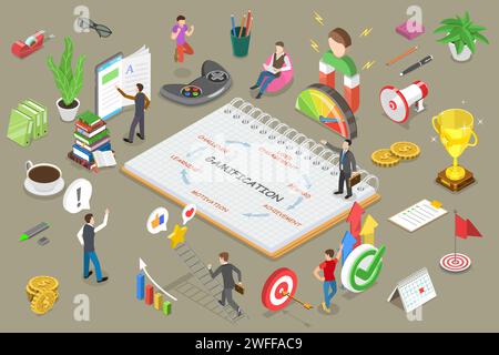 Mobile App Gamification, Interactive Content For Audience Engaging, Encouraging Customers to Earn Rewards. 3D Isometric Flat Vector Conceptual Illustr Stock Vector