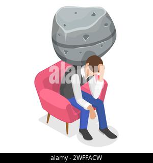 3D Isometric Flat Vector Conceptual Illustration of Frustrated and Depressed Man Overloaded With Difficult Problems. Stock Vector