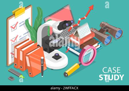 3D Isometric Flat Vector Conceptual Illustration of Case Study Research Method, Up-close, In-depth, and Detailed Examination of a Particular Case. Stock Vector