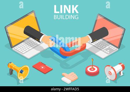 3D Isometric Flat Vector Concept of Link Building, SEO, Backlink Strategy, Digital Marketing Campaign. Stock Vector