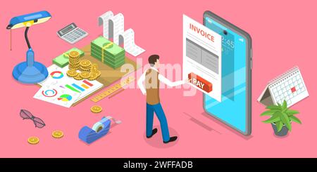 3D Isometric Flat Vector Concept of Mobile Invoice, Online payment, Remote Banking and Accounting. Stock Vector