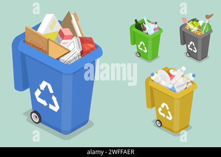 3D Isometric Flat Vector Concept of Sorting Waste for Recycling, Colored Waste Bins With Trash, Different Types of Garbage: Organic, Plastic, Paper, G Stock Vector