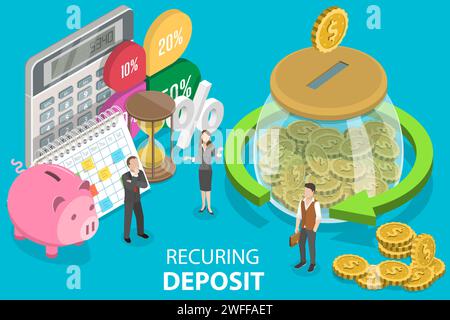 3D Isometric Flat Vector Conceptual Illustration of Recurring Deposit Account, Banking and Money Investment. Stock Vector