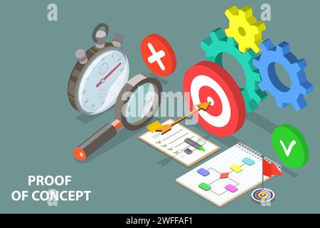 3D Isometric Flat Vector Conceptual Illustration of POC - Proof of Concept, Verifying a Theory's Practical Potential. Stock Vector