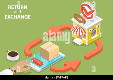 Product Exchange and Return Policy, Purchase Refunding. 3D Isometric Flat Vector Conceptual Illustration. Stock Vector