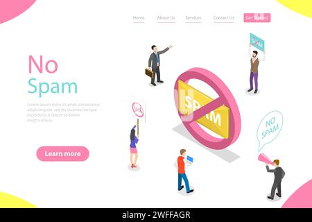Isometric flat vector landing page template of no spam, warning sign. Stock Vector