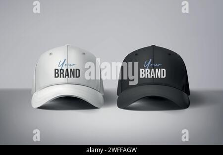 Black and white baseball caps mock up with logo in gray background, front sides. For branding. Stock Vector