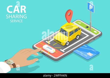 3D Isometric Flat Vector Concept of Shared Mobility, Car Sharing Service App, Vehicle Reting Model for Short Periods of Time. Stock Vector