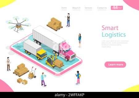 Isometric flat vector landing page template of smart logistics and transportation, mobile app for delivery tracking, cargo fast delivery. Stock Vector