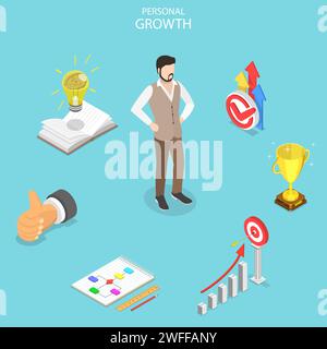 Isometric flat vector concept of self-development, career achievements, high goals achievement, growth of personal qualities. Stock Vector